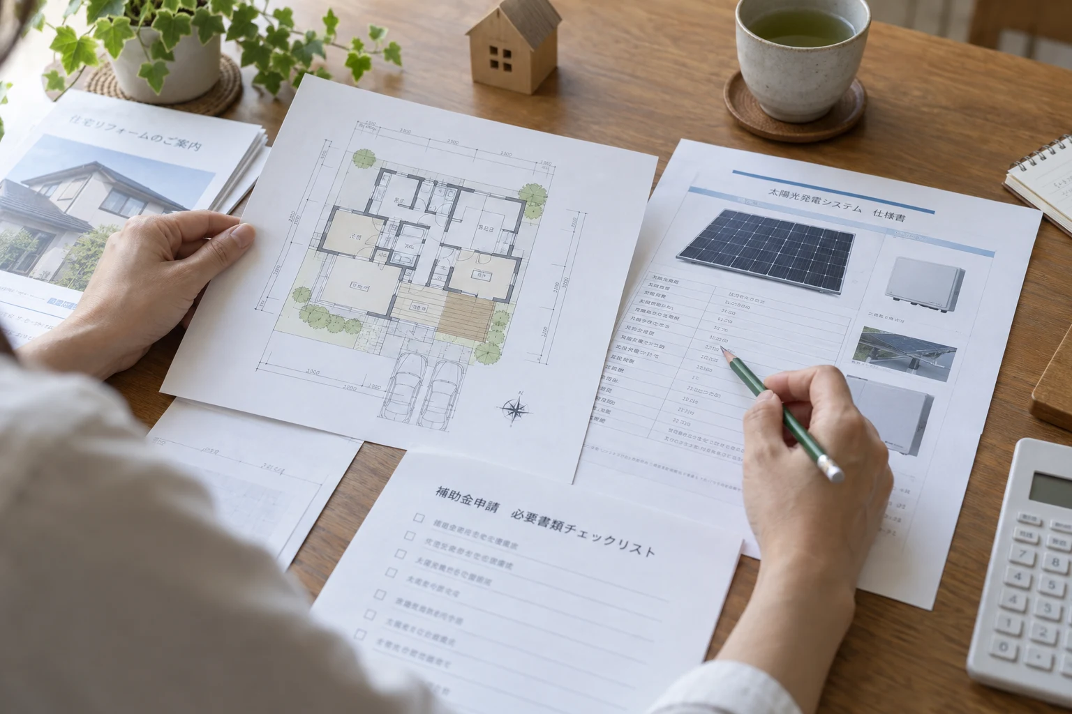設備の資料と住宅の図面を照合する手元