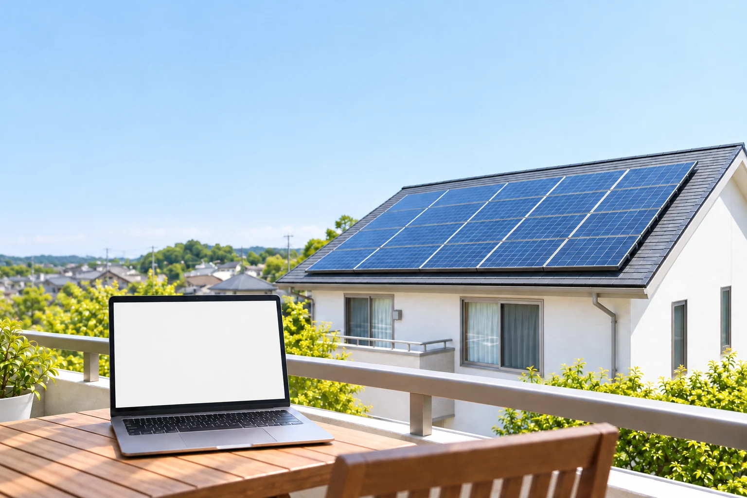 青空と太陽光パネルのある家，実際のはれトク累積収支グラフを表示したノートPC